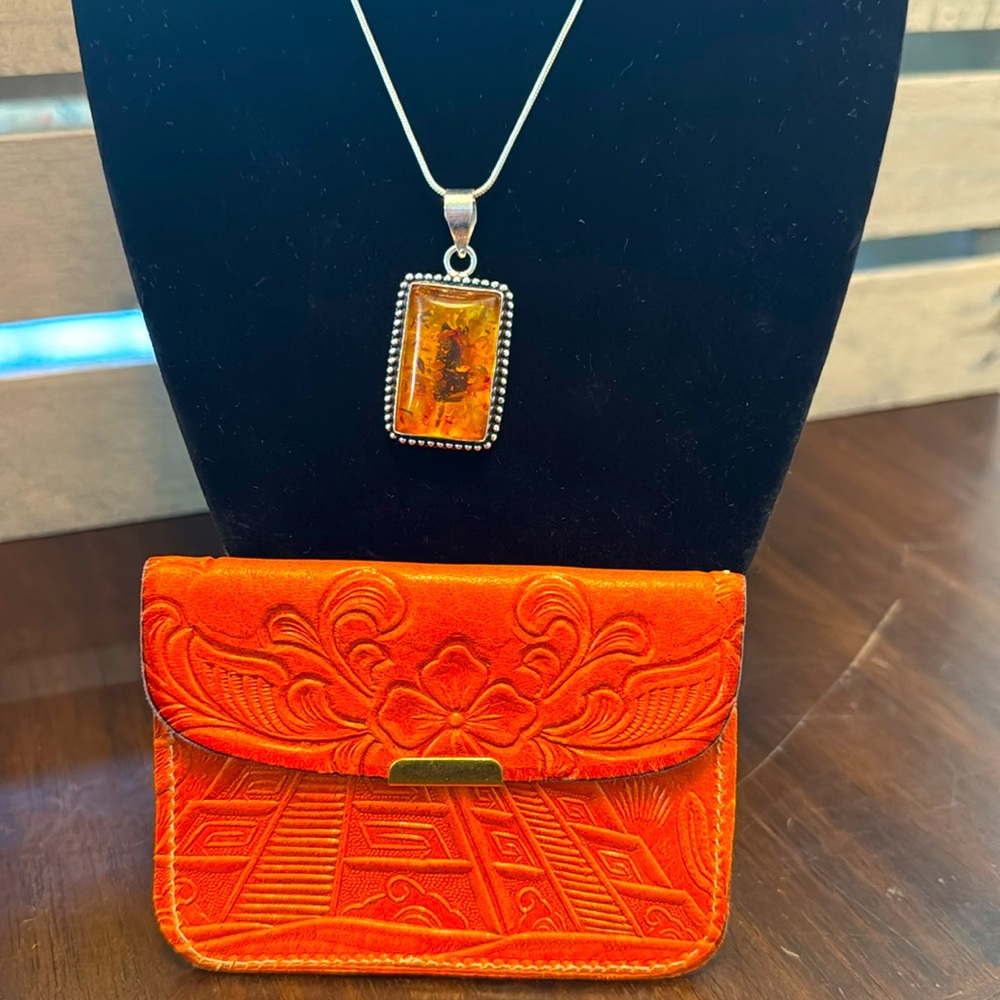 Orange leather wallet and .925 Baltic Amber necklace.
